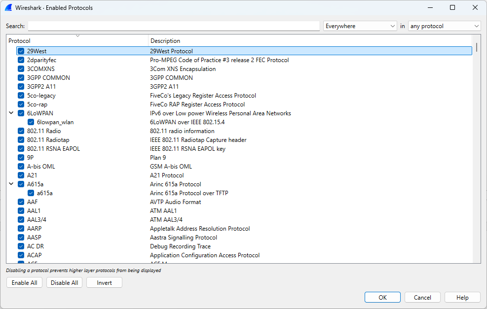 The "Enabled Protocols" dialog box