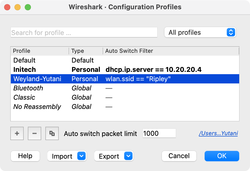 The configuration profiles dialog box