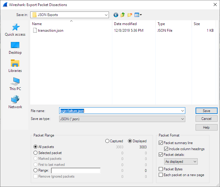 ws export packet dissections